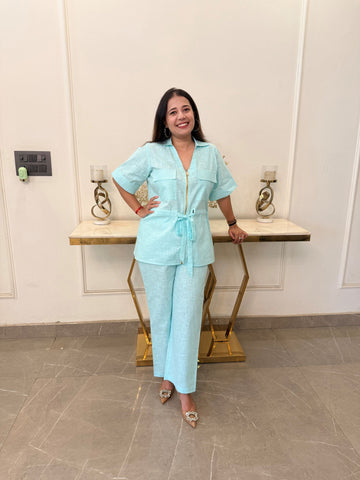 Sea Blue - Green Linen Tie Up Co Ord SSet
