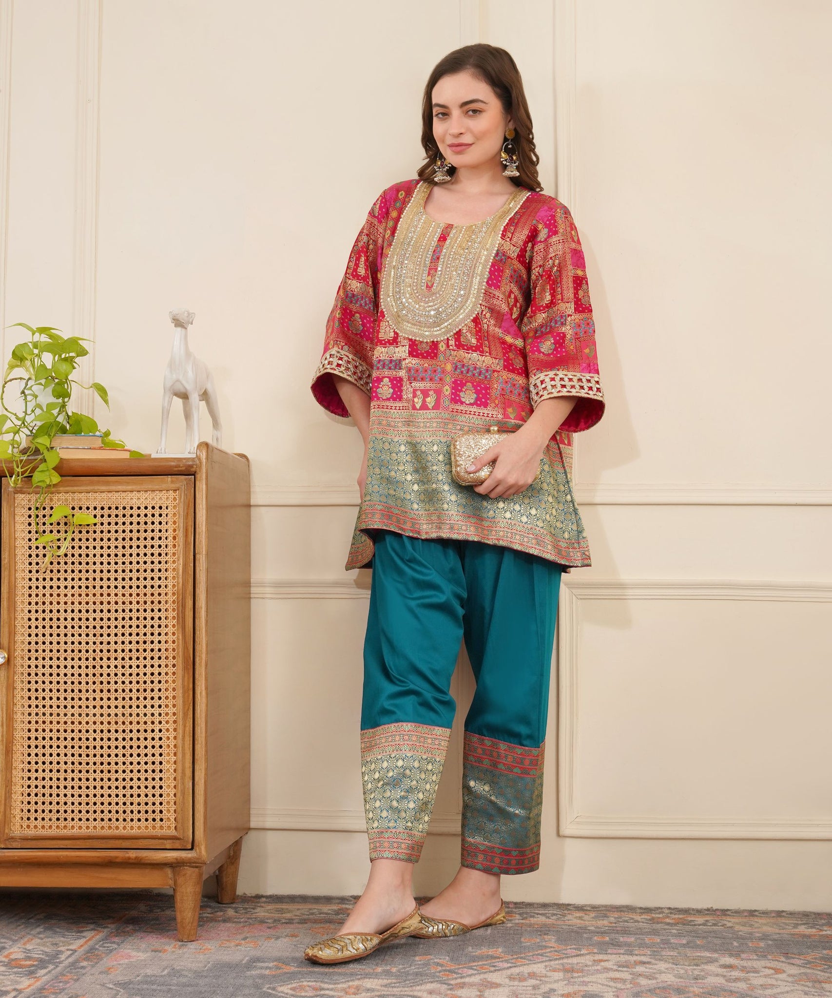 Pink Banarasi with Teal salwar