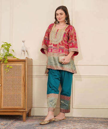 Pink Banarasi with Teal salwar