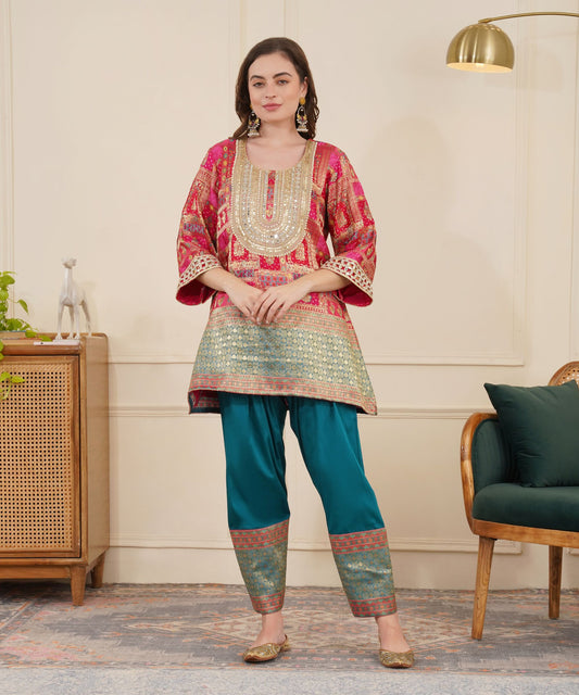 Pink Banarasi with Teal salwar