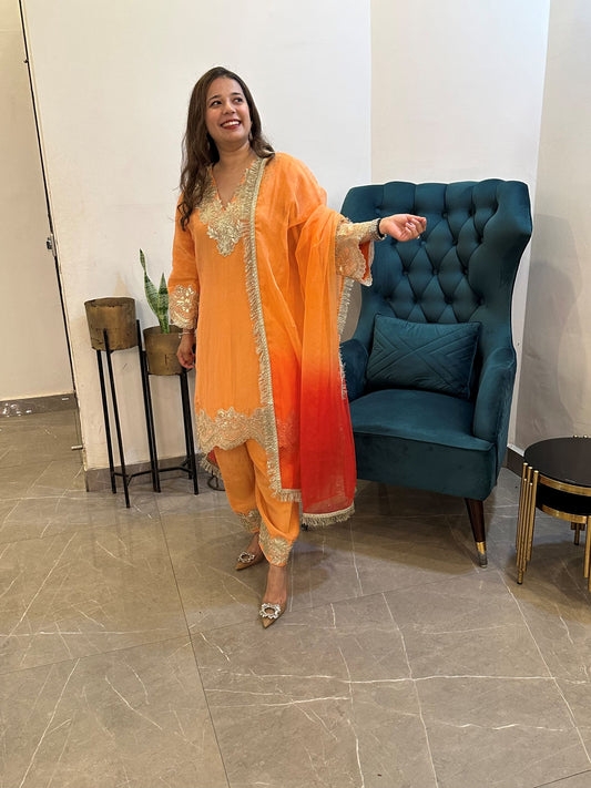 Orange Tissue Gold Scalloped suit set