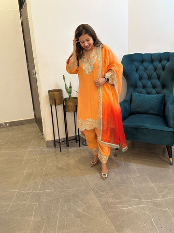Orange Tissue Gold Scalloped suit set