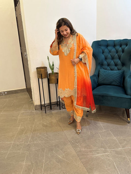 Orange Tissue Gold Scalloped suit set