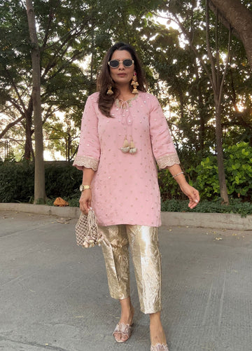 Peachish Pink Embroidered kurta with Gold Crushed Gota Pants