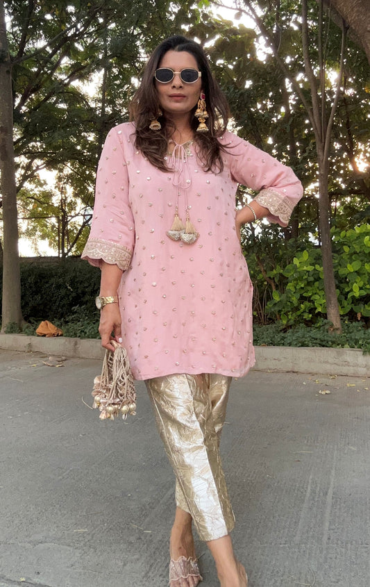 Peachish Pink Embroidered kurta with Gold Crushed Gota Pants
