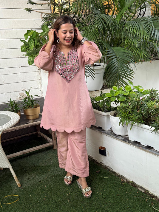 Pink Mirror Work Scalloped Set with Flared Pants