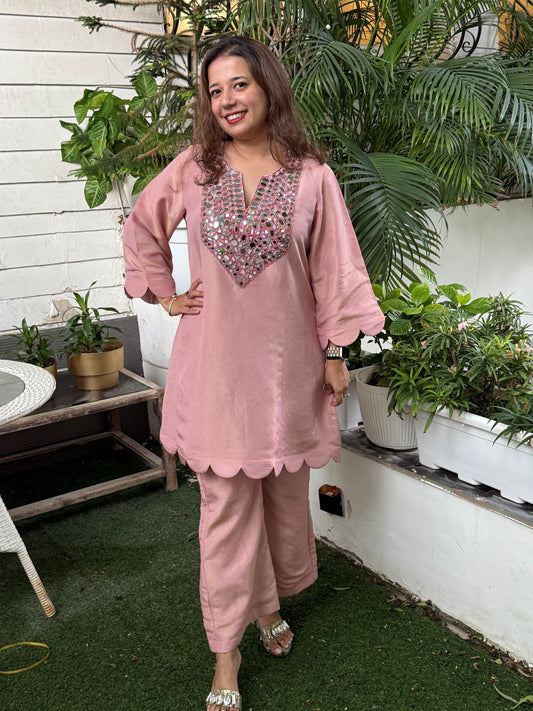 Pink Mirror Work Scalloped Set with Flared Pants