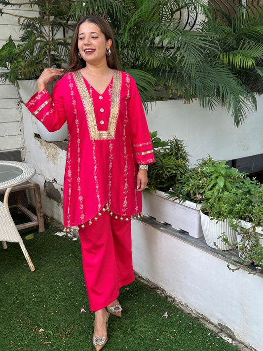 RANI PINK GOLD EMBROIDERED GUNGROO SET WITH BELL BOTTOM