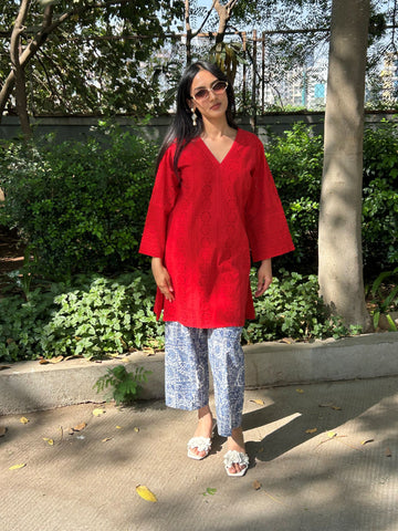 Red Chikan Schiffli Aiza Set