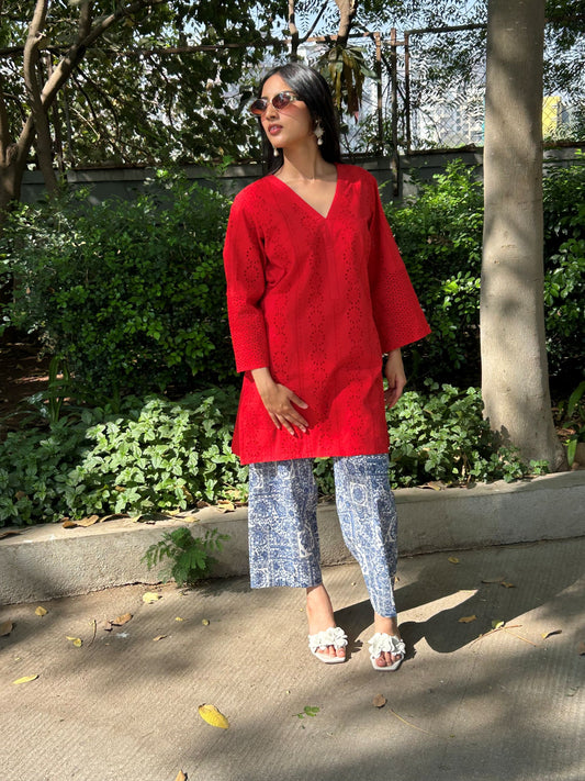 Red Chikan Schiffli Aiza Set