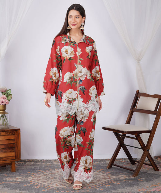 DAISY  RED FLORAL LACE COORDSET