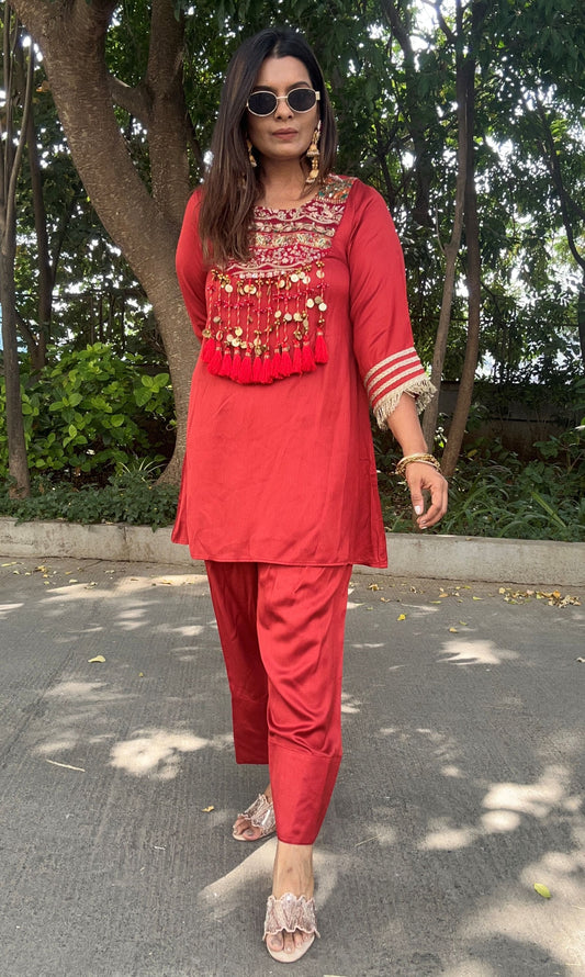 RUST RED EMBROIDERED TASSLES CO- ORD SET