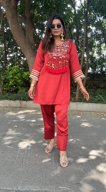 RUST RED EMBROIDERED TASSLES CO- ORD SET