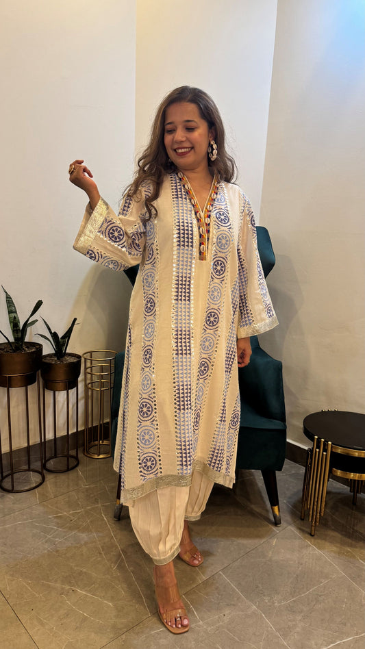 Shaisha White and Blue Mirror Work Kurta Set