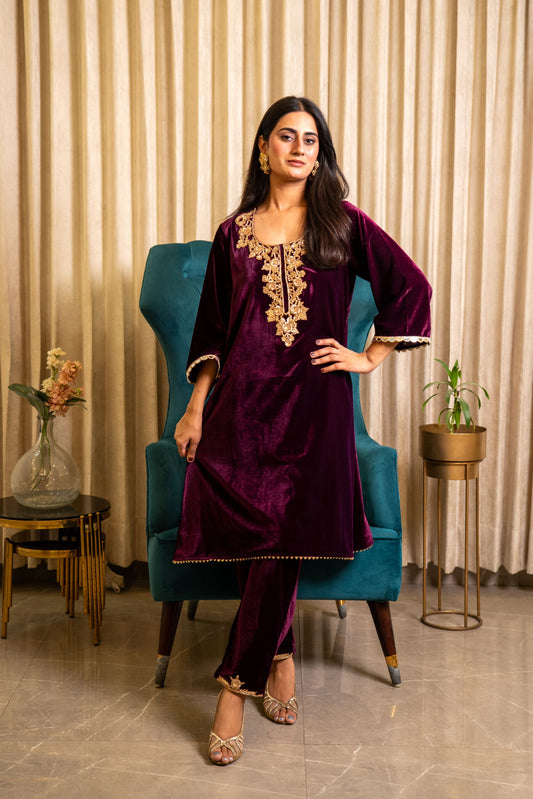 Wine Velvet  Zardozi Embroidered suit set with pants