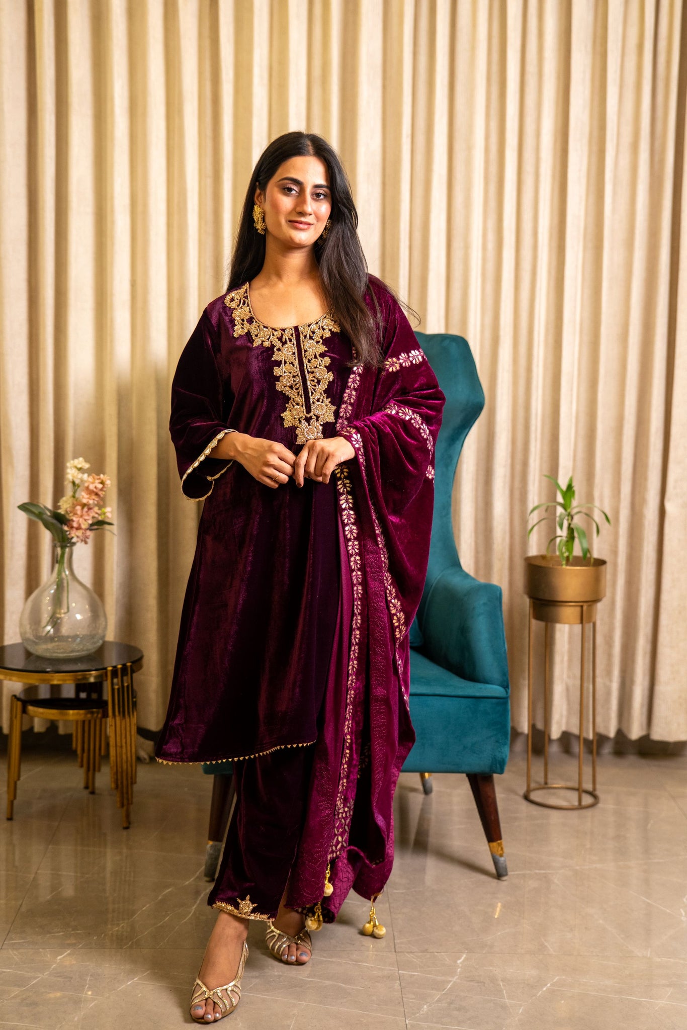Wine Velvet  Zardozi Embroidered suit set with pants