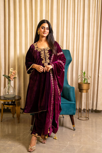Wine Velvet  Zardozi Embroidered suit set with pants