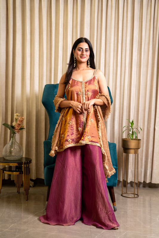 Wine Noori Strappy Kurta Sharara Set
