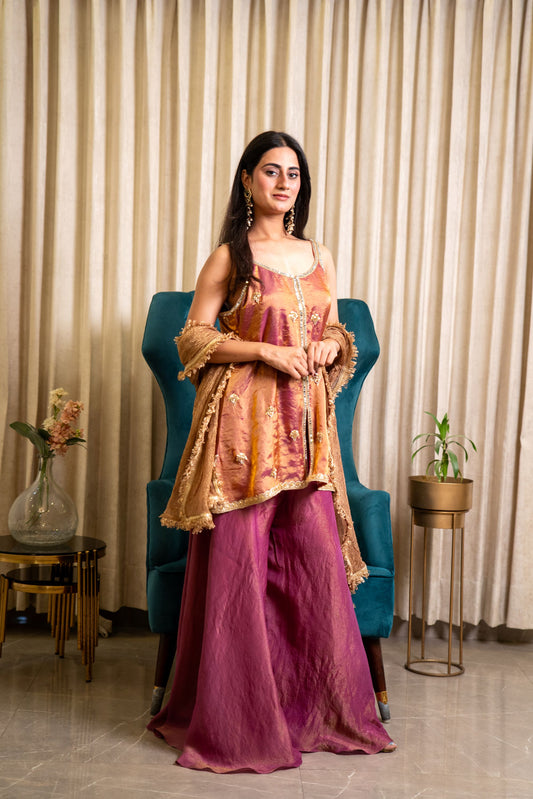 Wine Noori Strappy Kurta Sharara Set