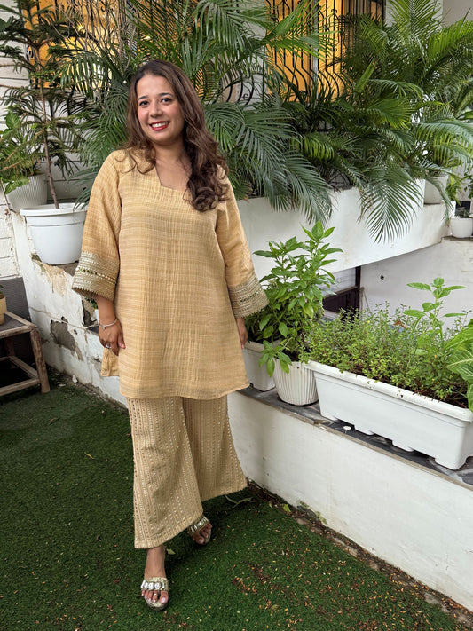 Beige Crushed Kurta with Mirror Work Pants