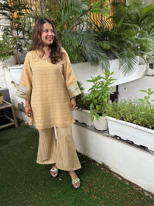 Beige Crushed Kurta with Mirror Work Pants