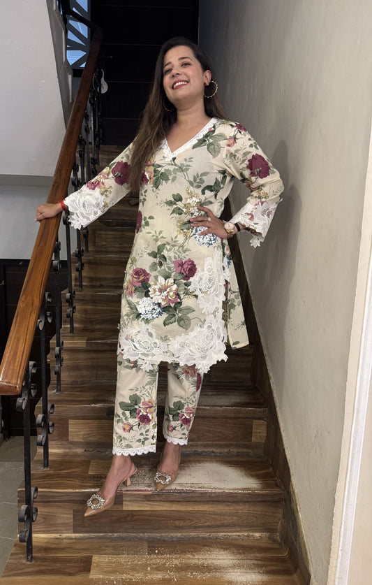Beige Printed White Lace Kiara Set