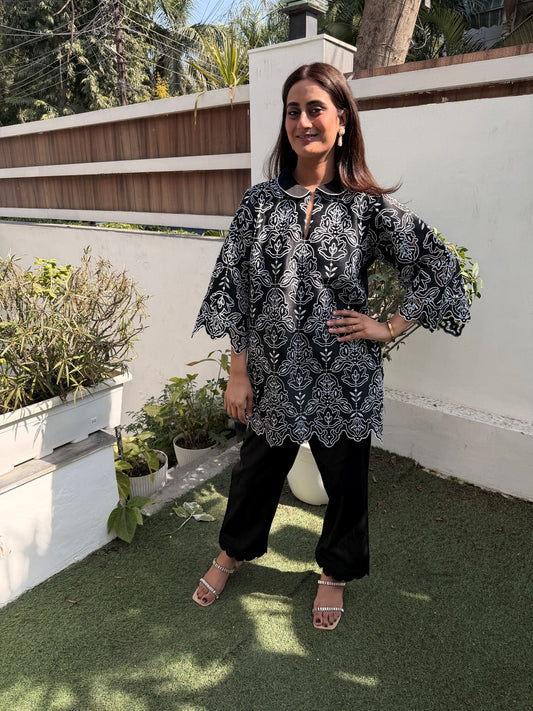 Black Denim Cutwork Co Ord Set