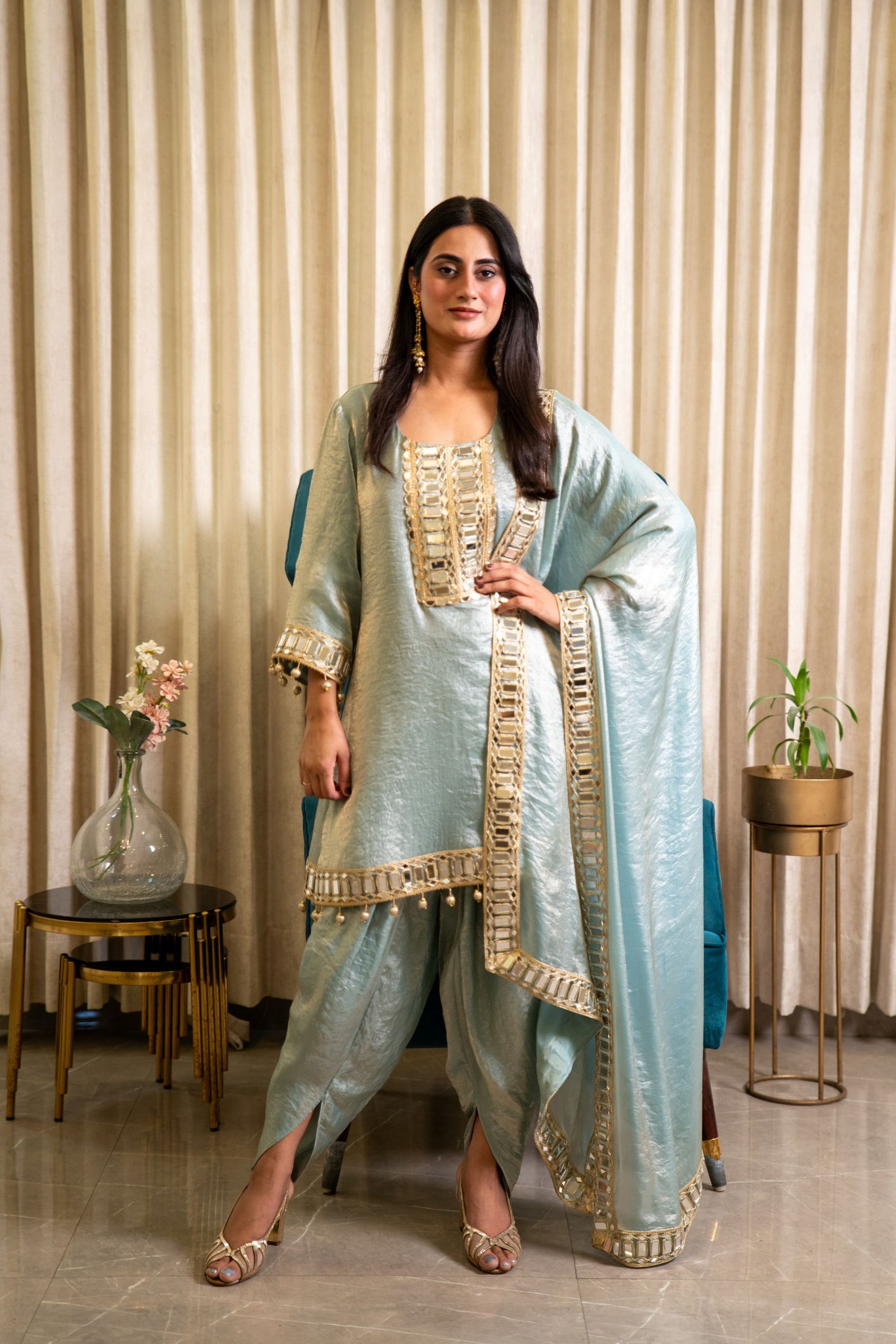 Mermaid Blue Kalidar Mirror Work Tulip Set