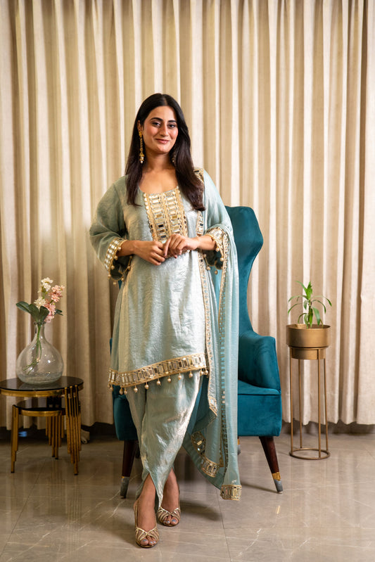 Mermaid Blue Kalidar Mirror Work Tulip Set