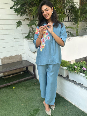 Blue Breezy Floral Patch Work Cordset