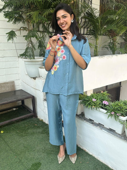 Blue Breezy Floral Patch Work Cordset