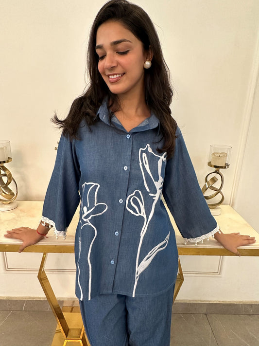 Denim Floral Embroidered Set