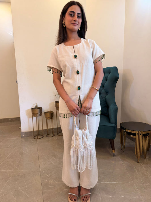 Offwhite Gold Lurex Emerald Tassled Co-Ord Set