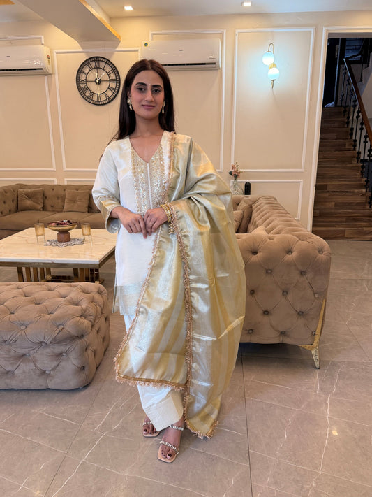 Gold Embroidered Tissue Kurta with Farshi Salwar