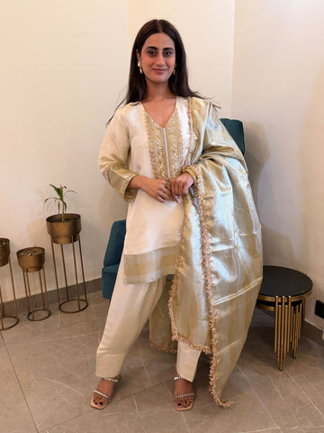 Gold Embroidered Tissue Kurta with Farshi Salwar