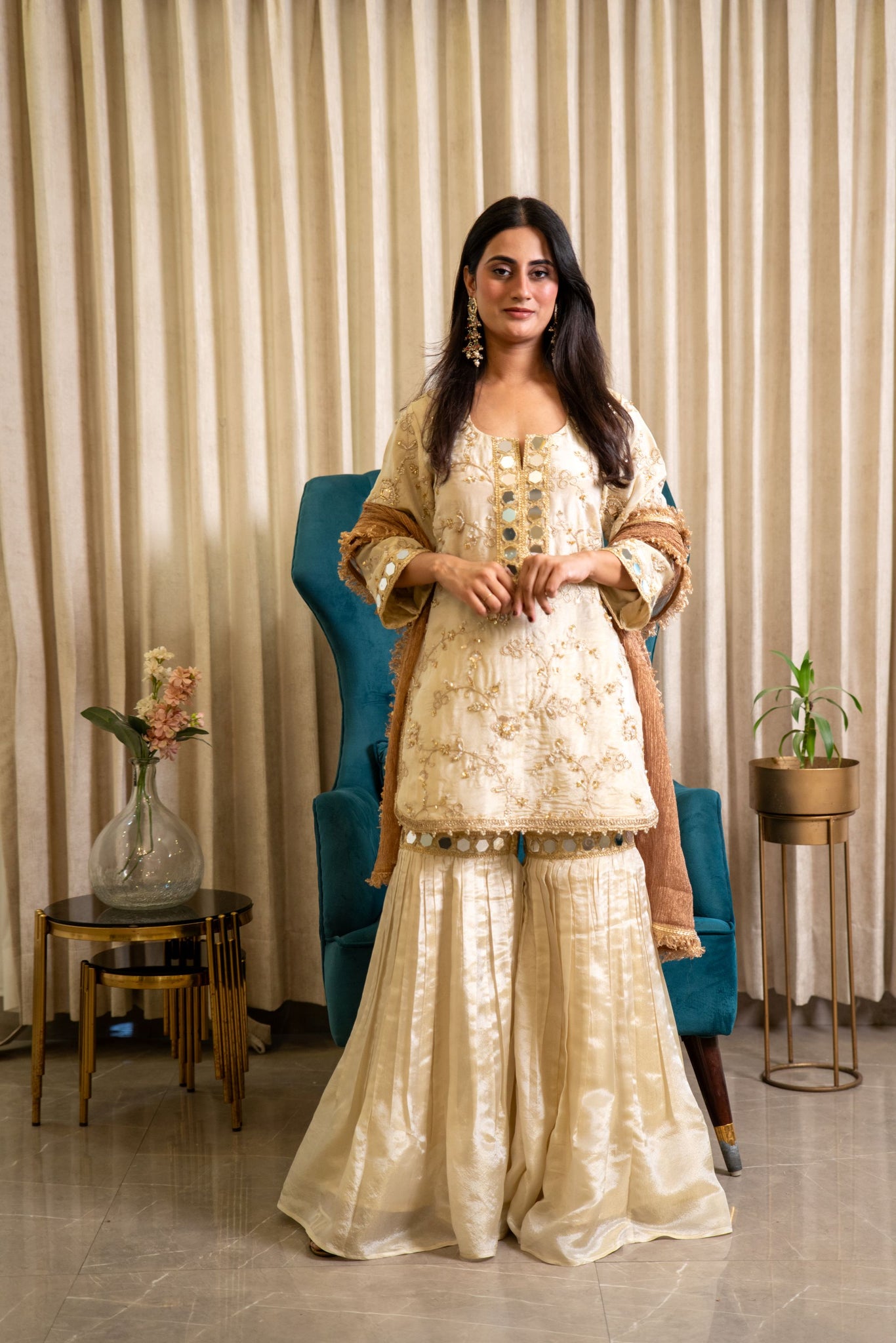 Gold embroidered Tissue Gharara set