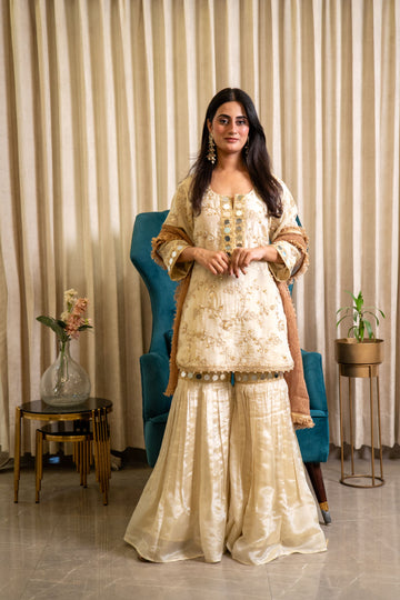 Gold embroidered Tissue Gharara set