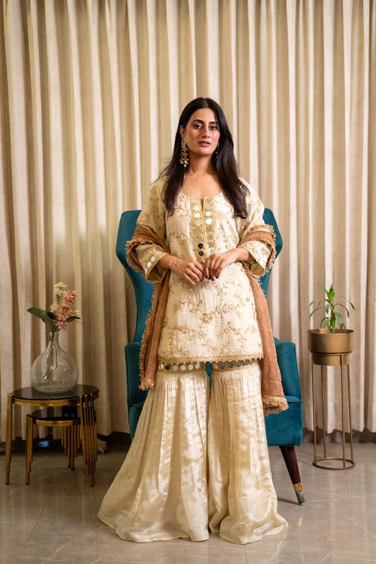 Gold embroidered Tissue Gharara set