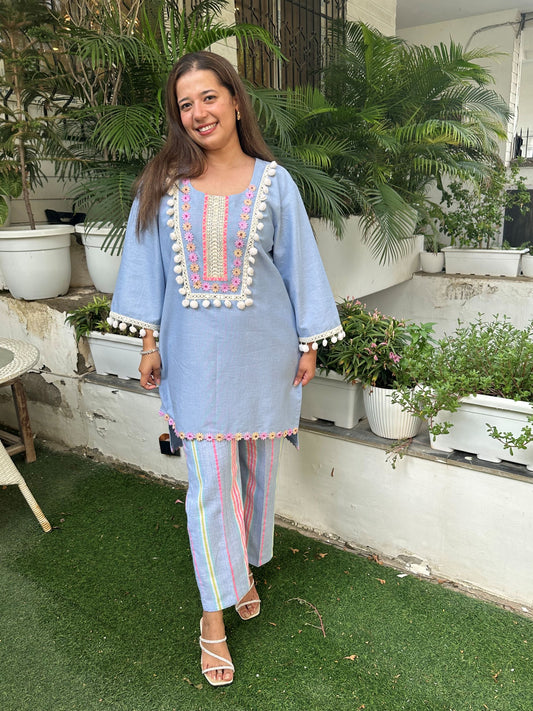 Light Blue Denim Pom Pom Co ord set