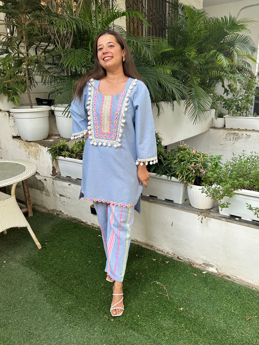 Light Blue Denim Pom Pom Co ord set