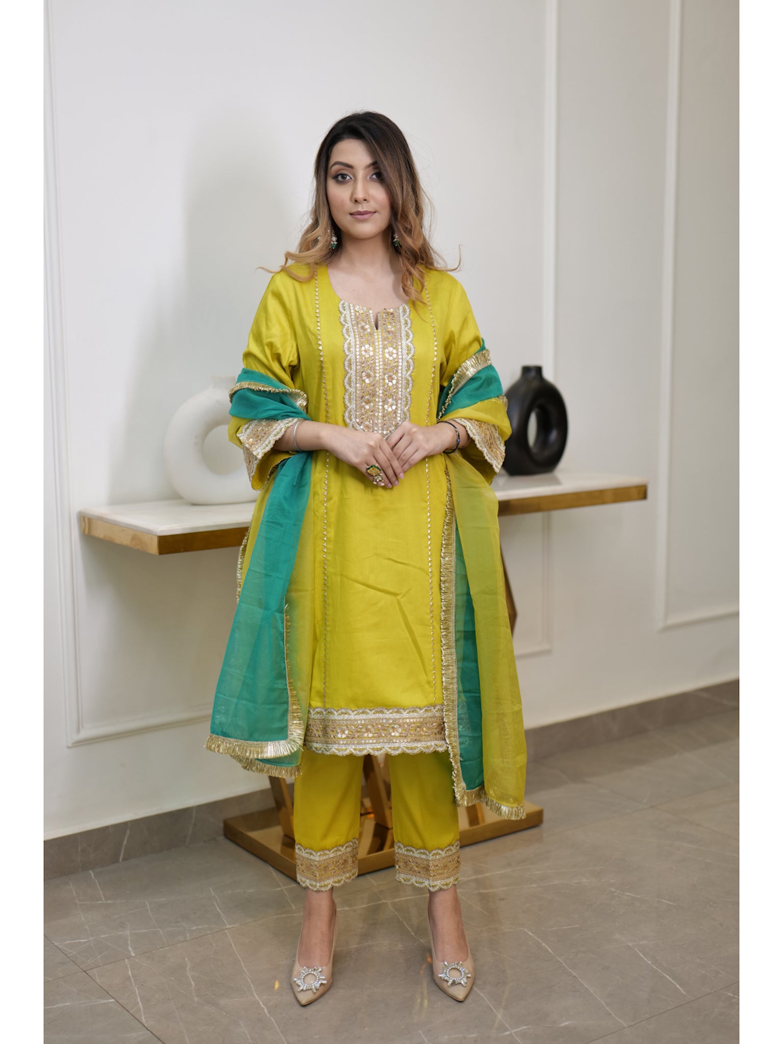 Pineapple Yellow Princess Cut Suit With Straight Fit Pants & Shaded Dupatta