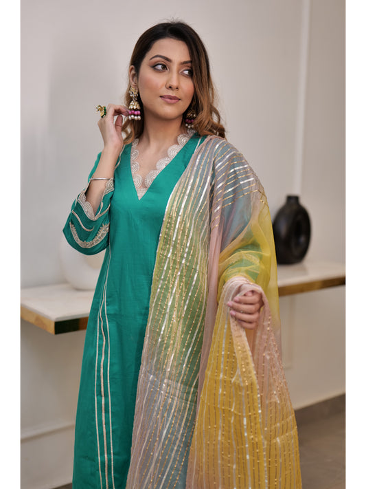 Emerald Green Straight Cut Suit Set with Gotta Detailed Shaded Dupatta