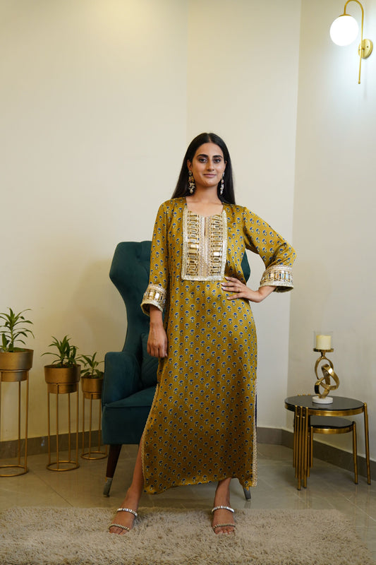 Olive Blue Printed Mirror Work Straight Fit Kaftan