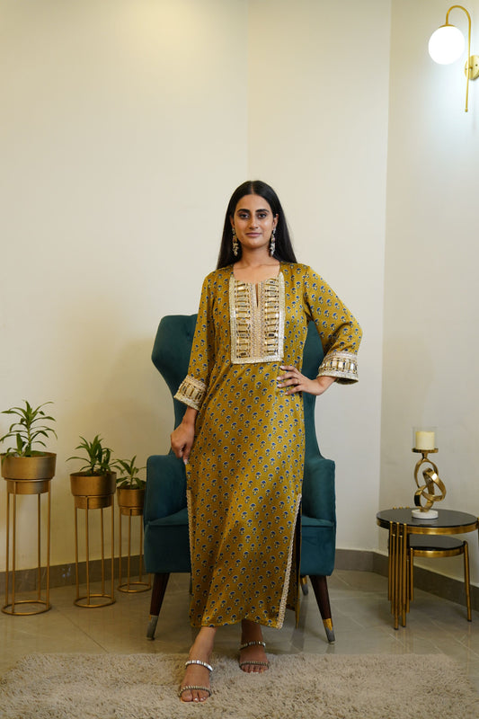 Olive Blue Printed Mirror Work Straight Fit Kaftan