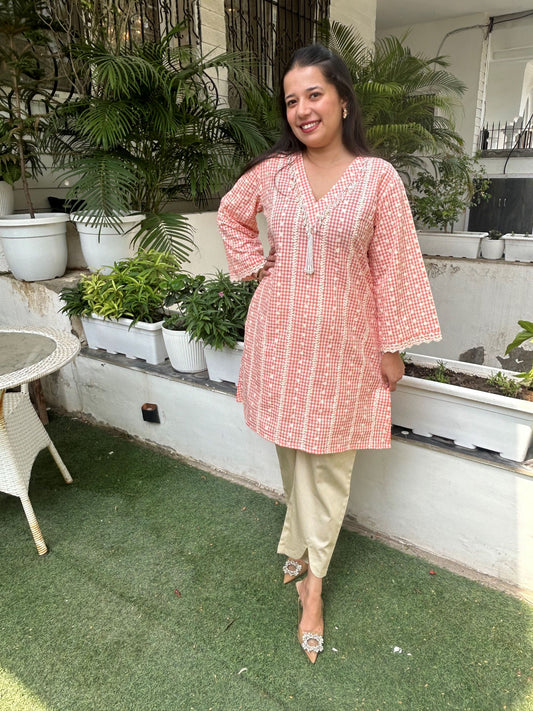 Peach Checkered Embroidered set with Beige Pants