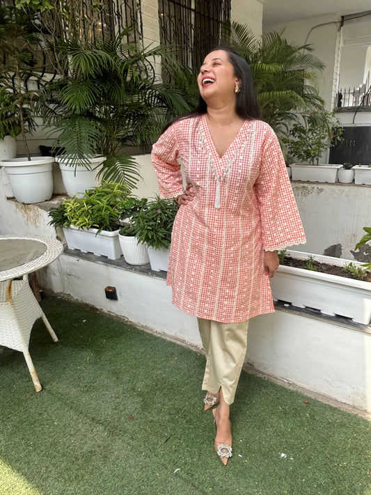 Peach Checkered Embroidered set with Beige Pants