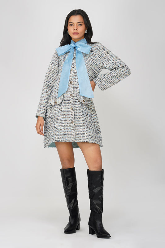 Blue Tweed Safa Bow Dress