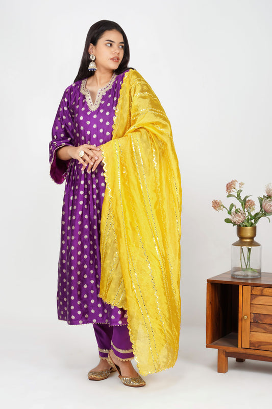 Purple Booti Pleated Ariana kurta set