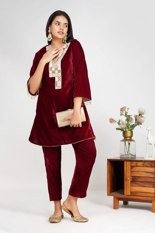 Maroon Embroidered Seyona Coord Set